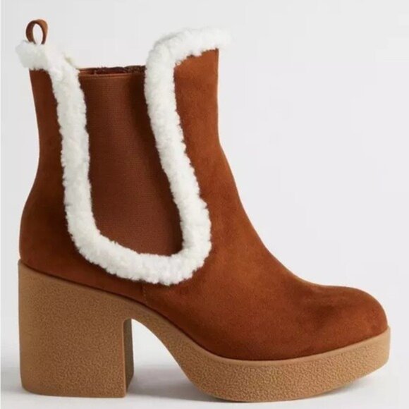 Brown Faux Suede Block Heel Ankle Boots With Faux Fur Trim & Side Zipper size 11 - Picture 2 of 7